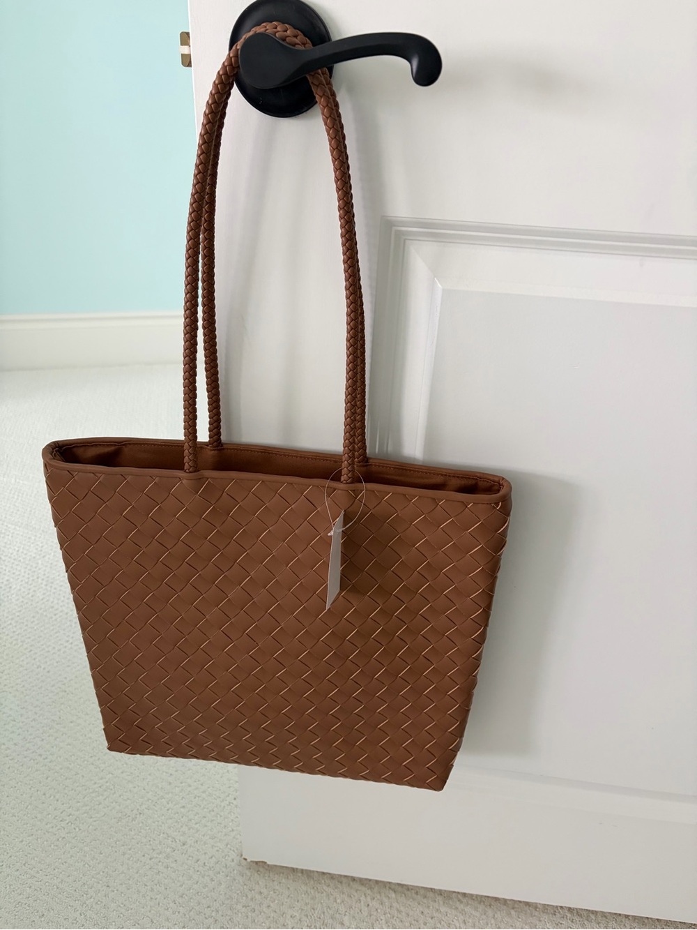 NWT ANN TAYLOR Weekend Woven Tote Autumn Ochre Brown $148 Faux Leather NEW - Picture 4 of 9